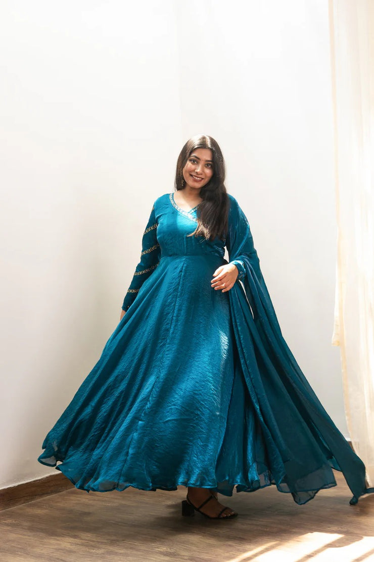 Anjali Peacock Blue Crushed Silk Anarkali