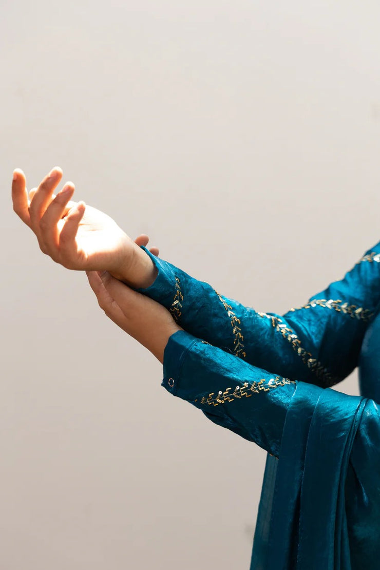 Anjali Peacock Blue Crushed Silk Anarkali