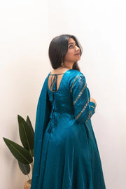 Anjali Peacock Blue Crushed Silk Anarkali