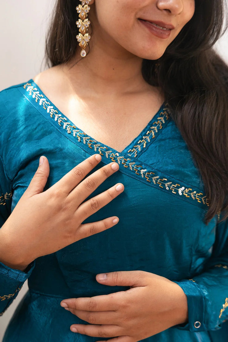 Anjali Peacock Blue Crushed Silk Anarkali