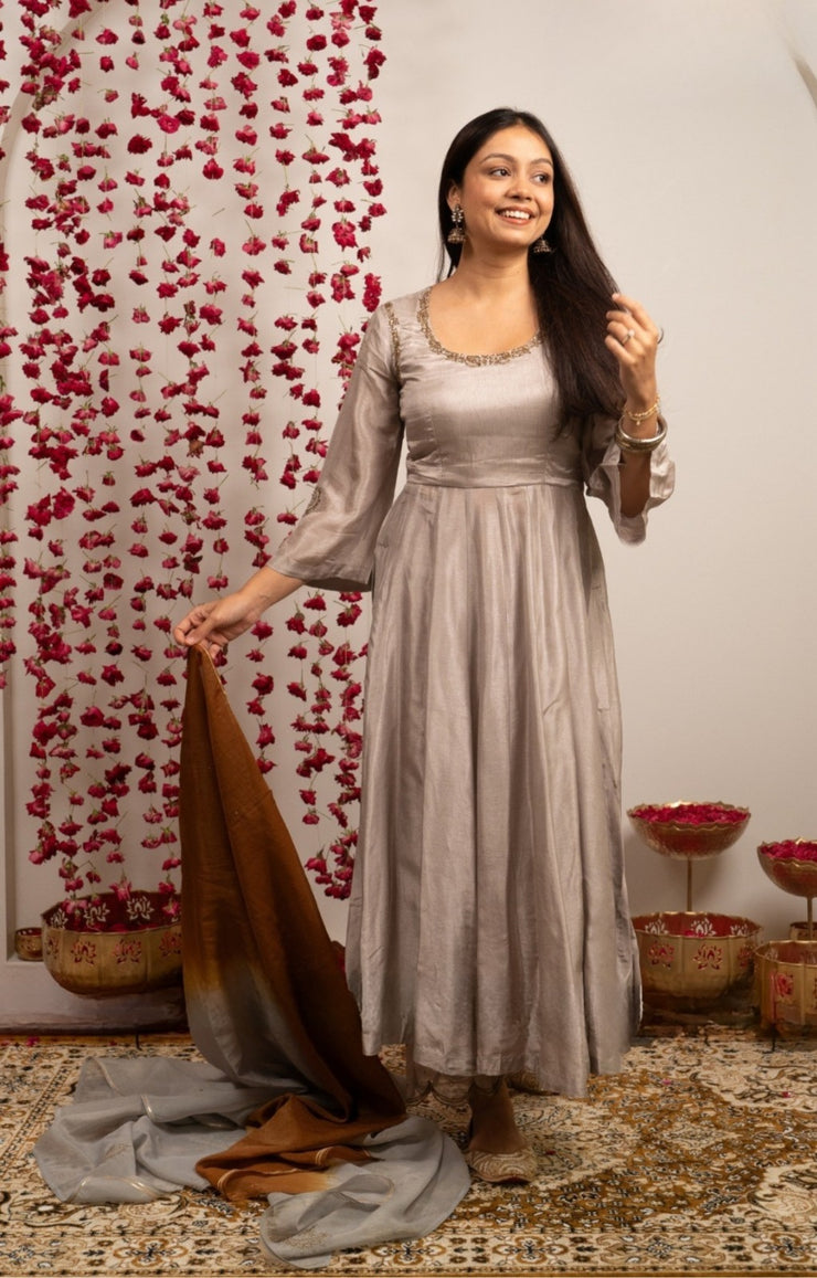 Grehmukti Anarkali Set in Silver grey