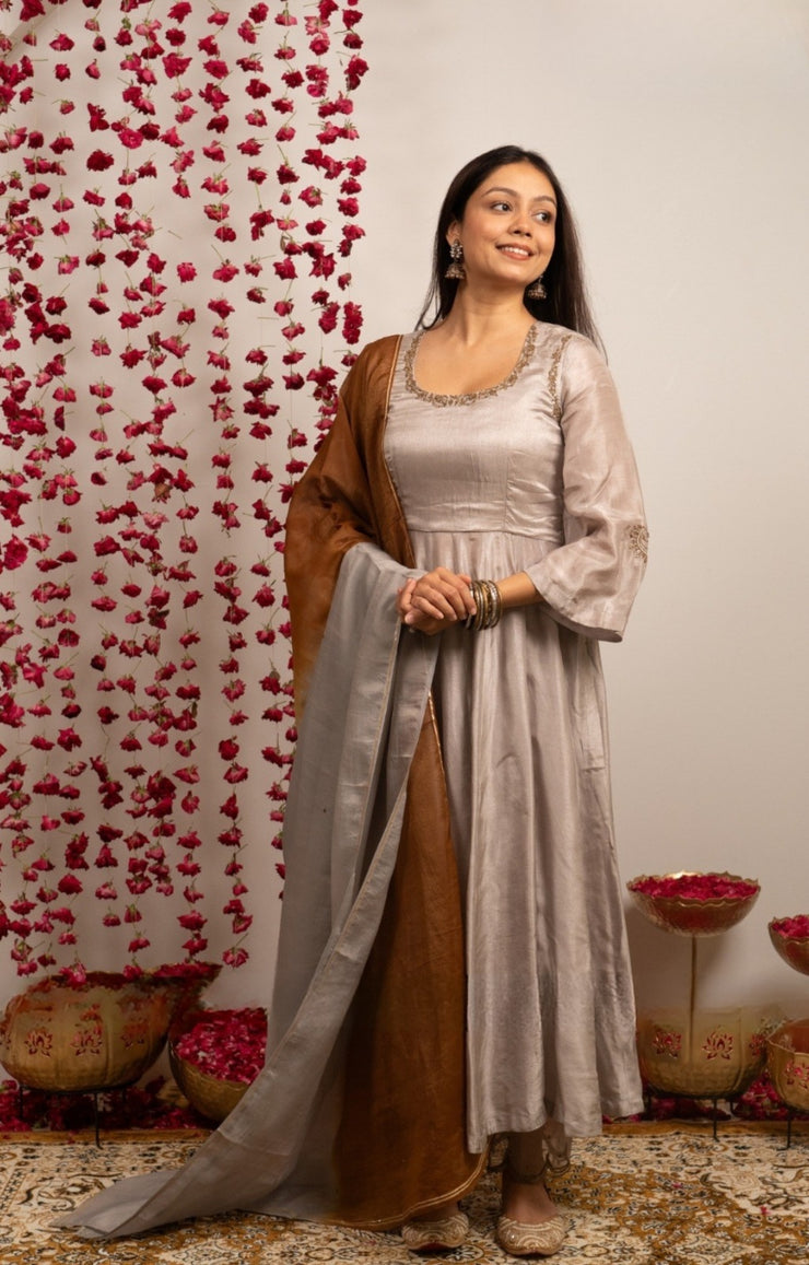 Grehmukti Anarkali Set in Silver grey