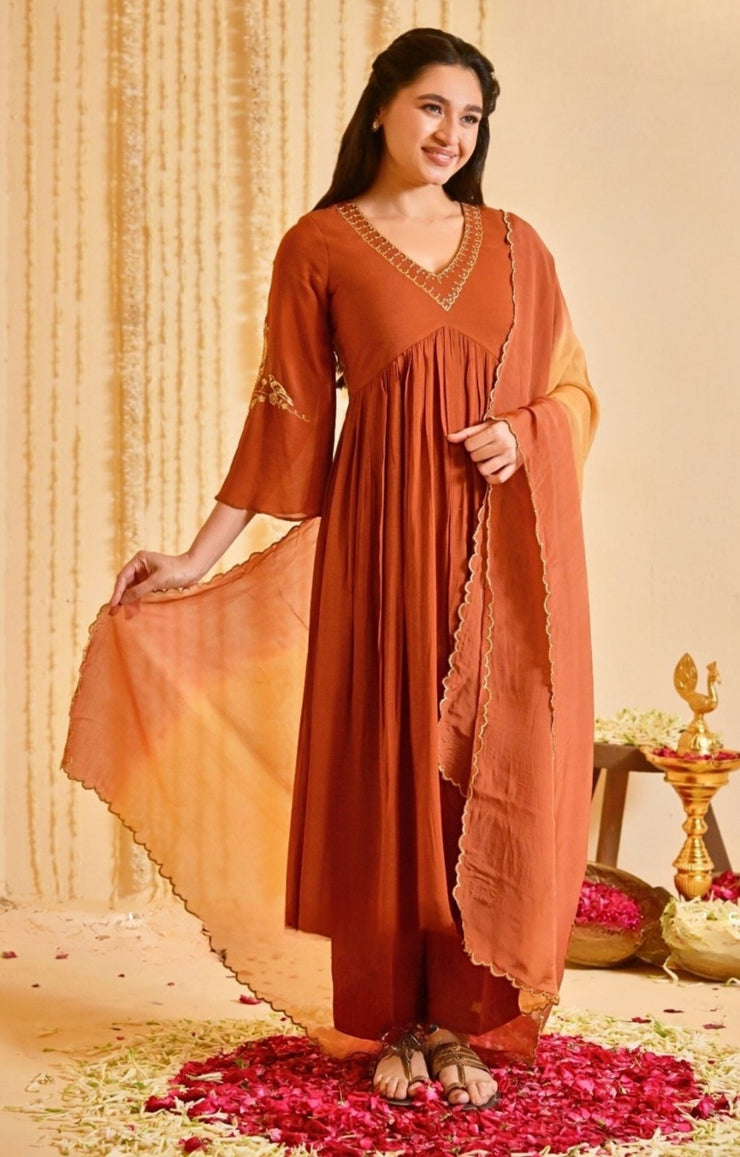 Resham Rustika Kurta Brown Set