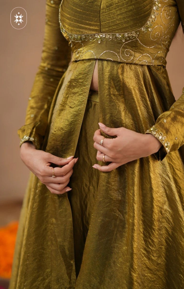 2-In-1 Indo Western Lehenga Choli In Olive Gold