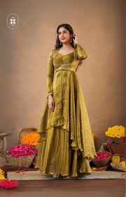 2-In-1 Indo Western Lehenga Choli In Olive Gold
