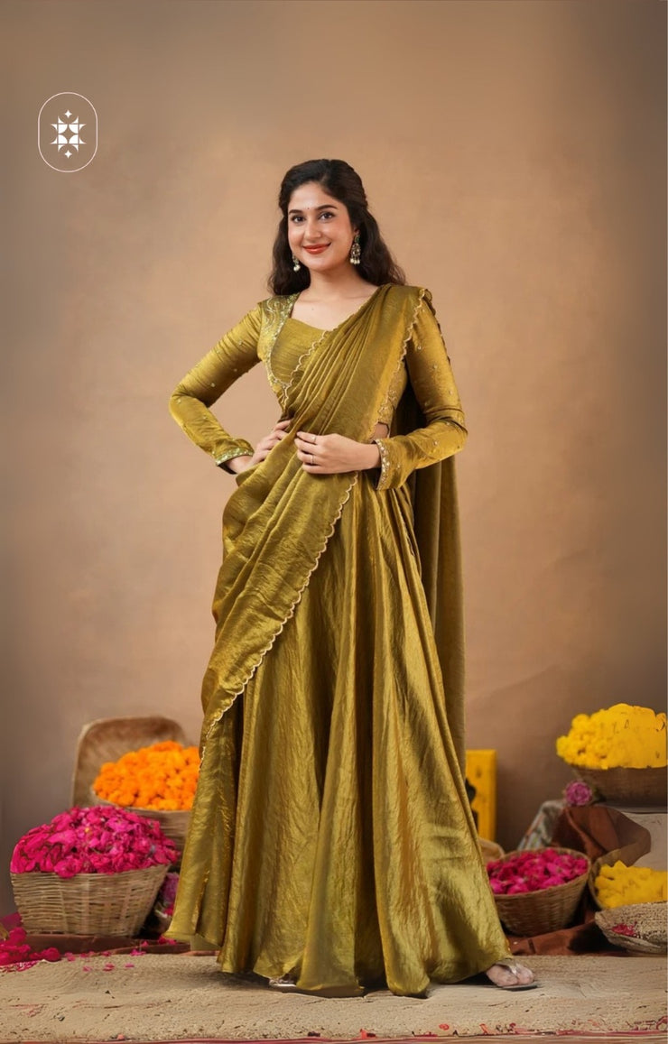 2-In-1 Indo Western Lehenga Choli In Olive Gold