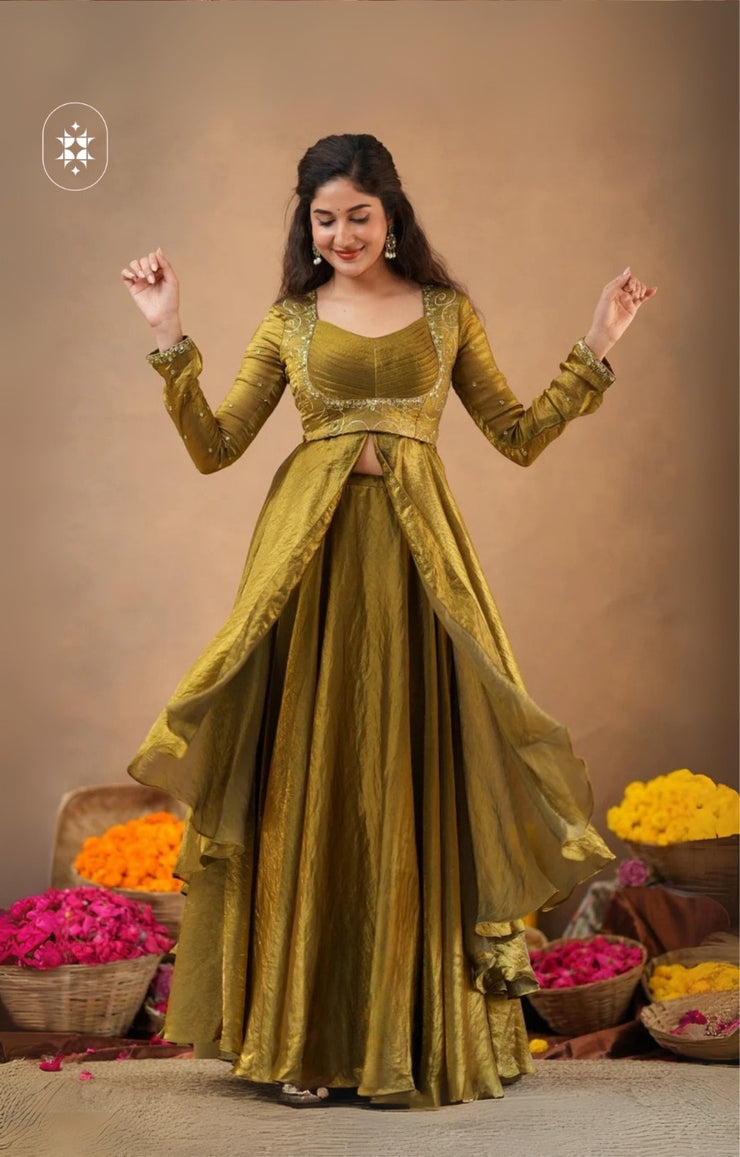 2-In-1 Indo Western Lehenga Choli In Olive Gold