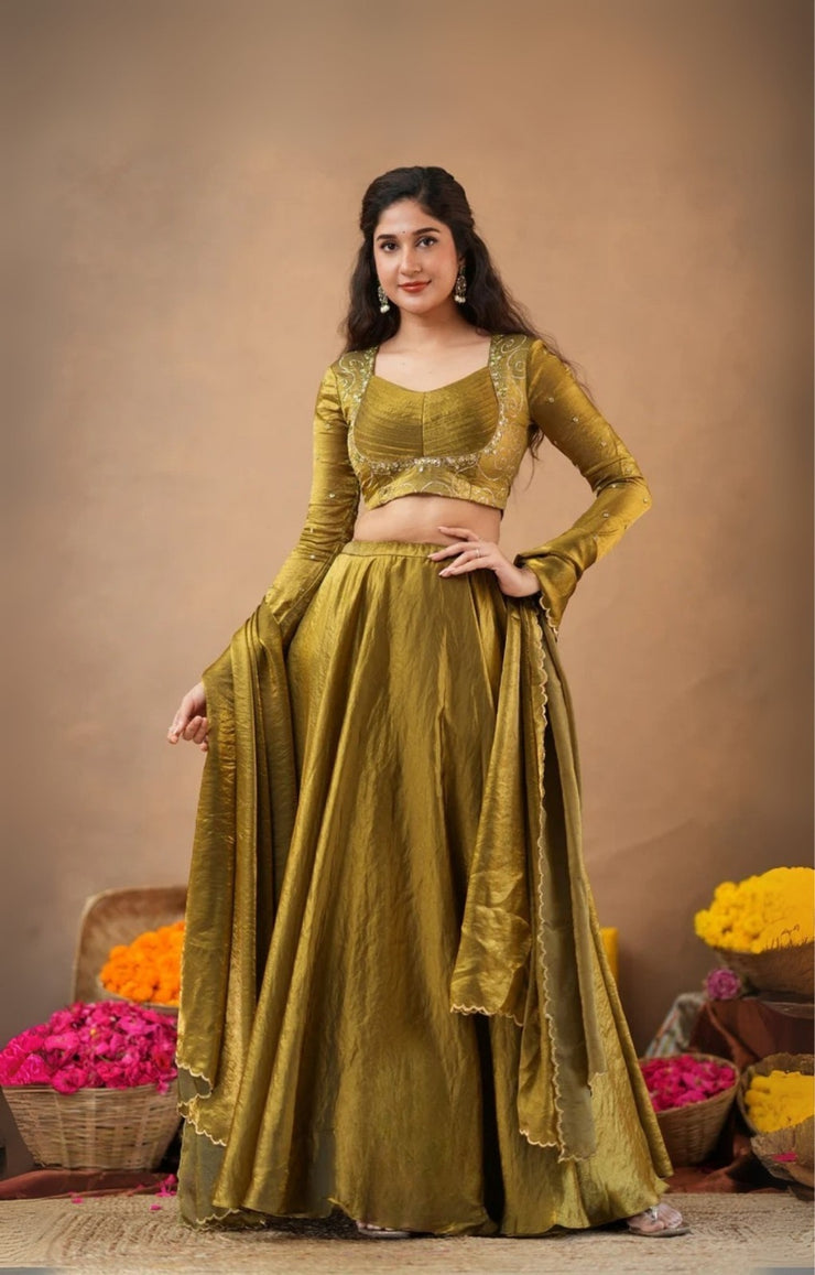 2-In-1 Indo Western Lehenga Choli In Olive Gold