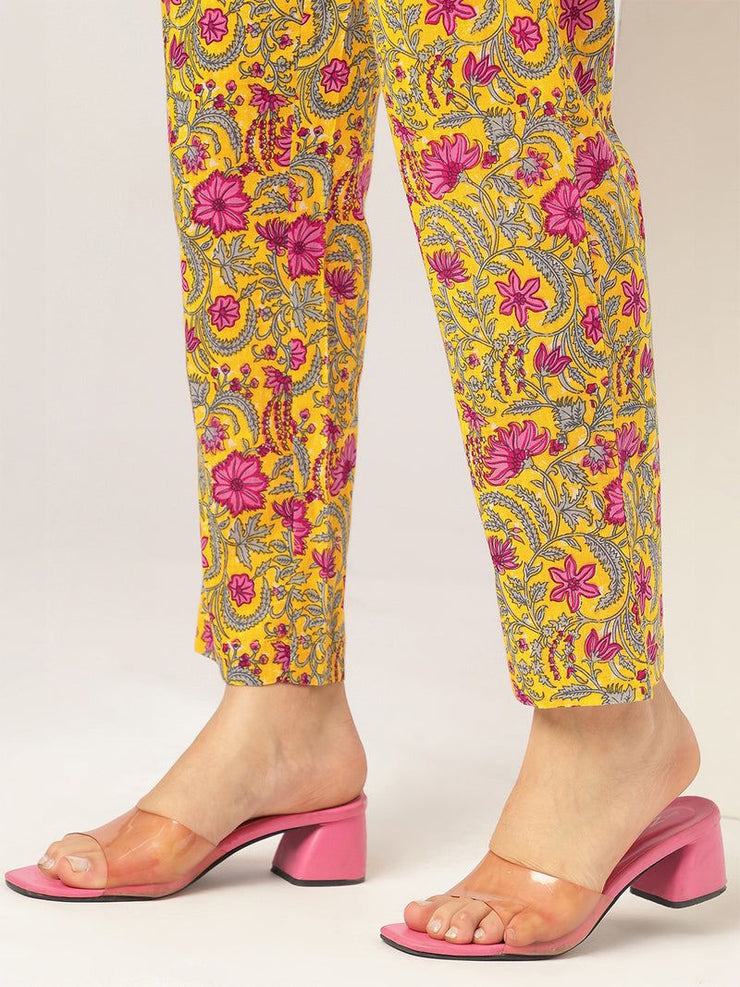 Yellow Pure Cotton Floral Printed Angrakha Kurta Set