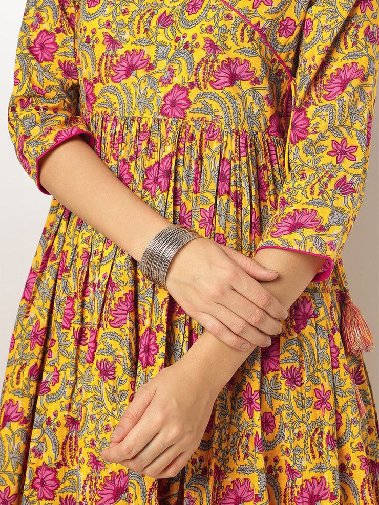 Yellow Pure Cotton Floral Printed Angrakha Kurta Set