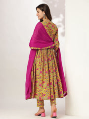 Yellow Pure Cotton Floral Printed Angrakha Kurta Set