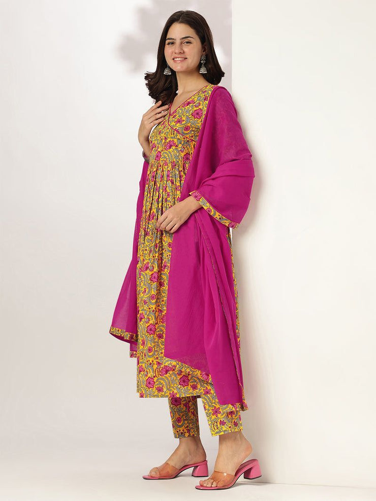 Yellow Pure Cotton Floral Printed Angrakha Kurta Set