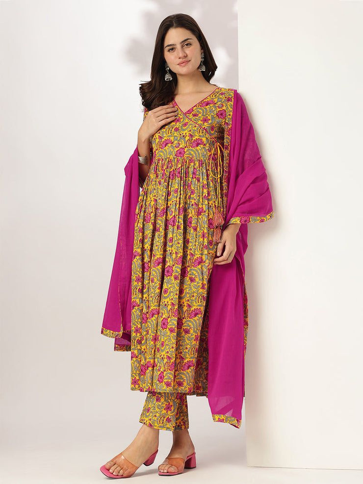 Yellow Pure Cotton Floral Printed Angrakha Kurta Set