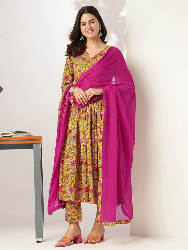 Yellow Pure Cotton Floral Printed Angrakha Kurta Set