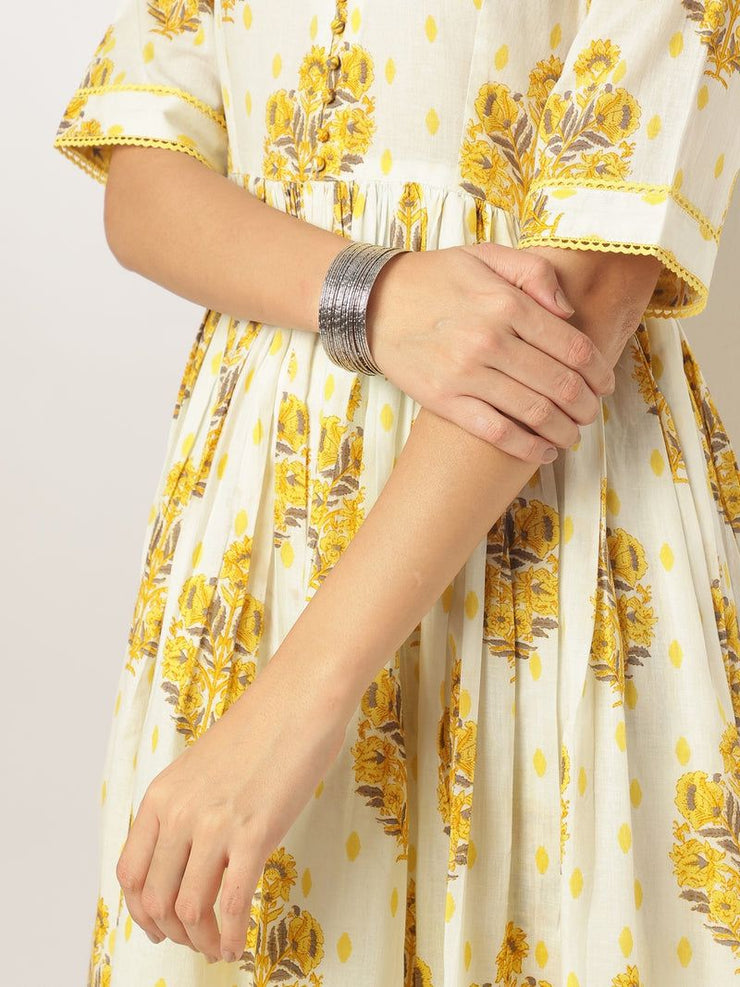 Off White Pure Cotton Floral Printed A-line Kurta Set