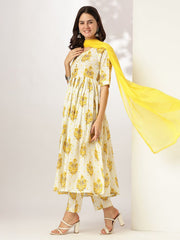 Off White Pure Cotton Floral Printed A-line Kurta Set