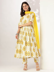 Off White Pure Cotton Floral Printed A-line Kurta Set