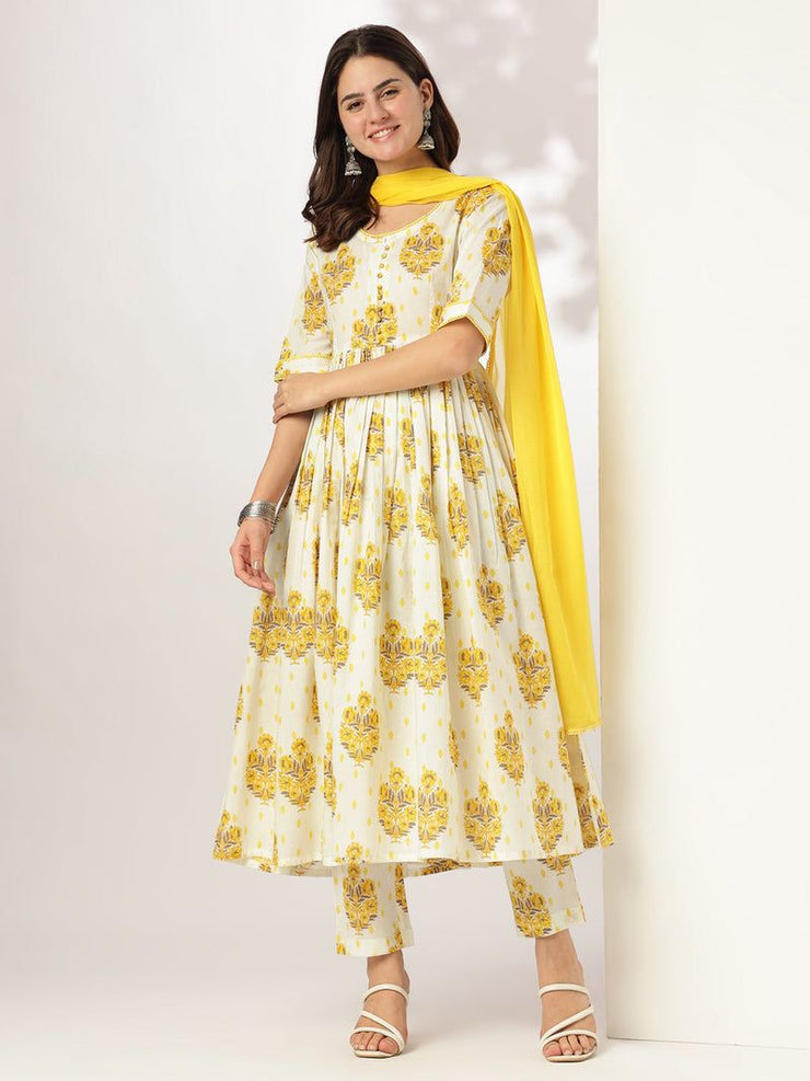 Off White Pure Cotton Floral Printed A-line Kurta Set
