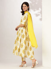 Off White Pure Cotton Floral Printed A-line Kurta Set