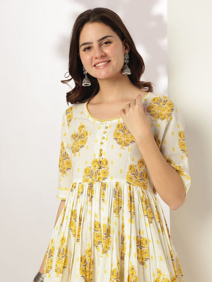 Off White Pure Cotton Floral Printed A-line Kurta Set