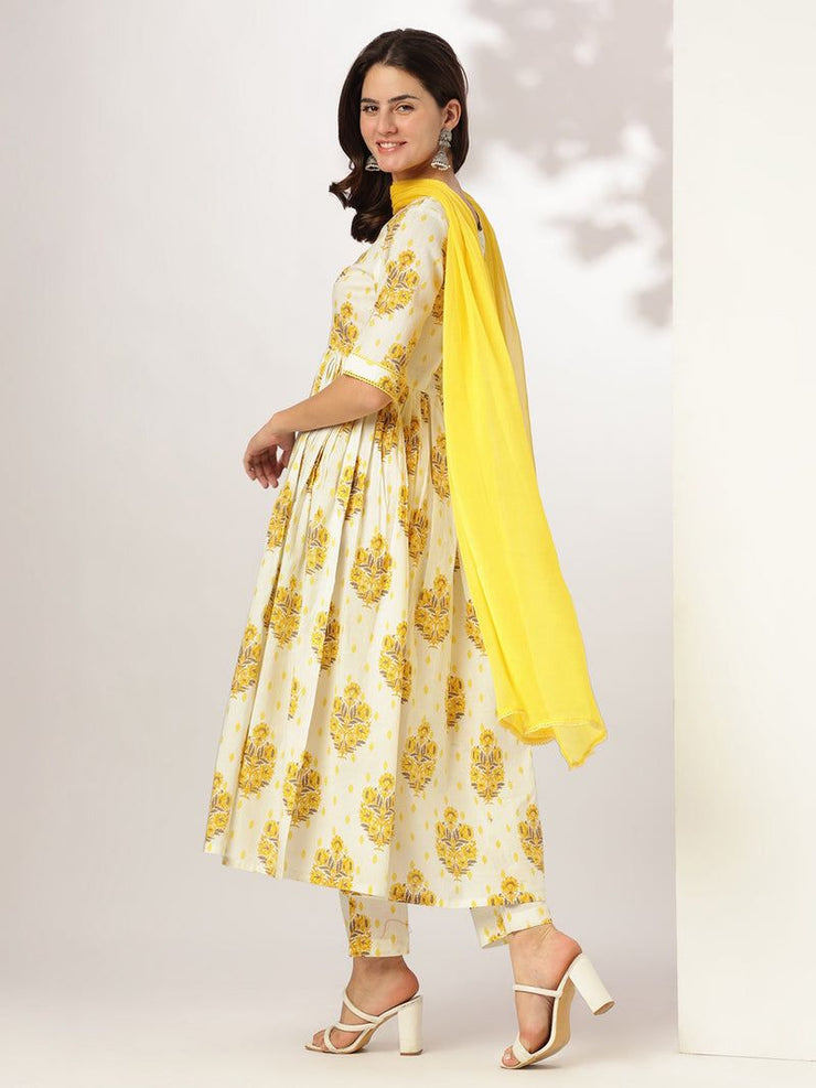 Off White Pure Cotton Floral Printed A-line Kurta Set