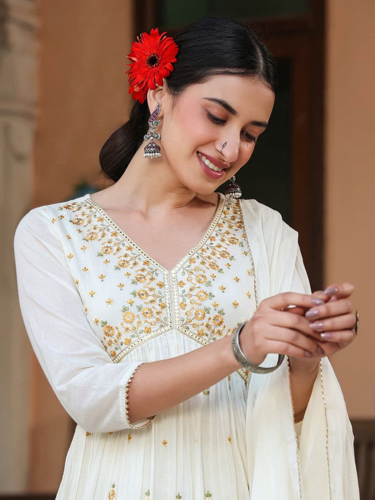 White Pure Cotton Embroidered A-line Kurta Set