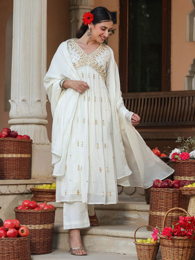 White Pure Cotton Embroidered A-line Kurta Set