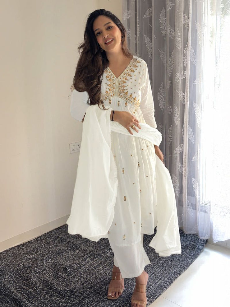 White Pure Cotton Embroidered A-line Kurta Set