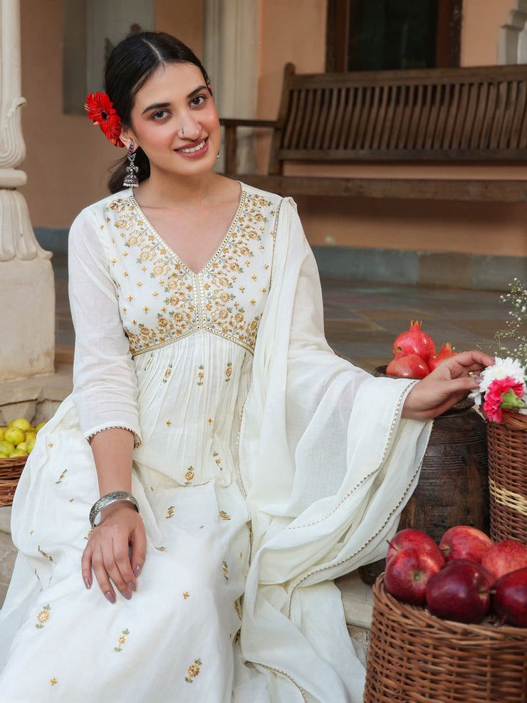 White Pure Cotton Embroidered A-line Kurta Set