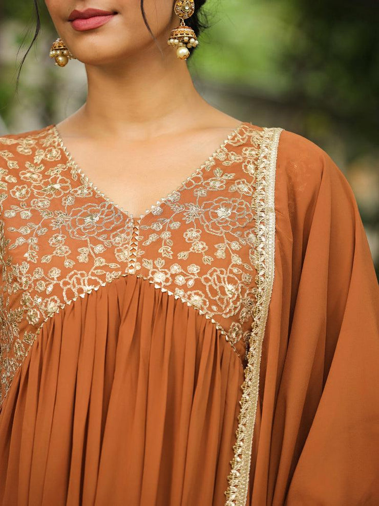 Georgette Yoke Embroidered A-Line Kurta Set