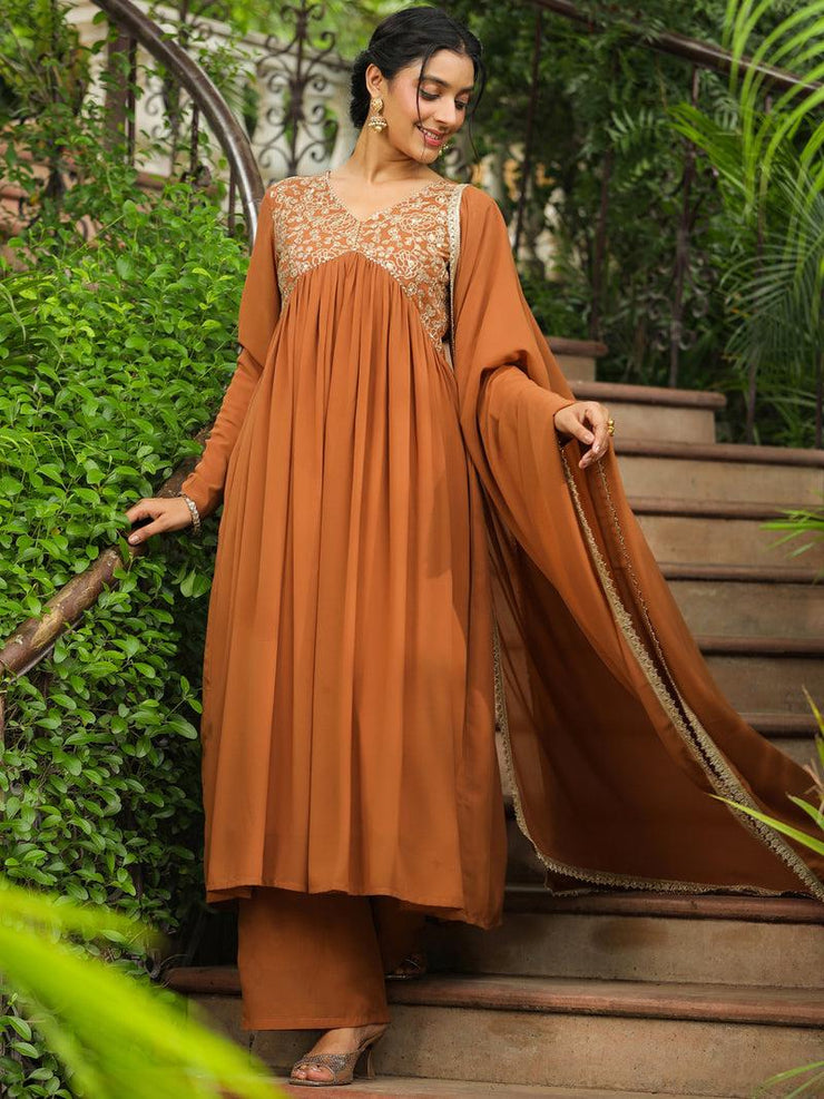 Georgette Yoke Embroidered A-Line Kurta Set
