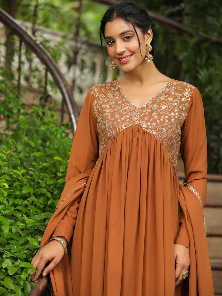 Georgette Yoke Embroidered A-Line Kurta Set