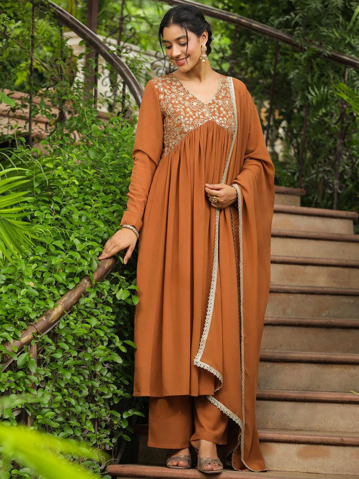 Georgette Yoke Embroidered A-Line Kurta Set