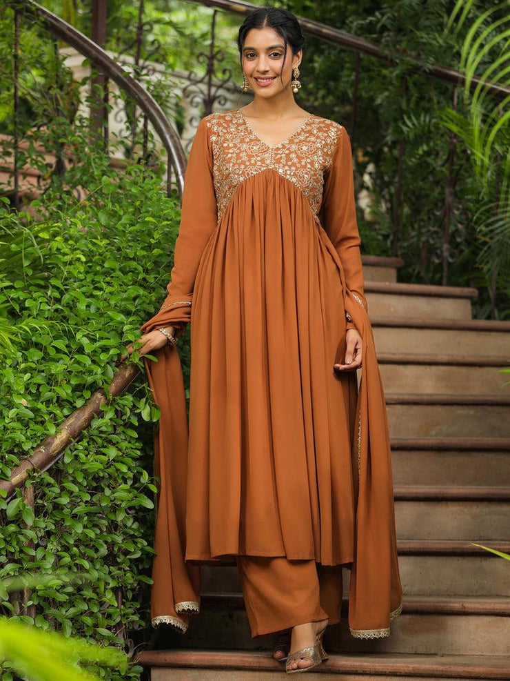 Georgette Yoke Embroidered A-Line Kurta Set