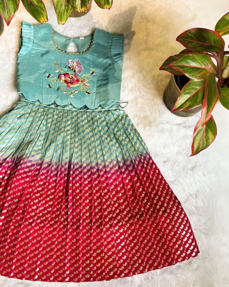 Baby Raspberry Lehenga Set In Aqua & Red