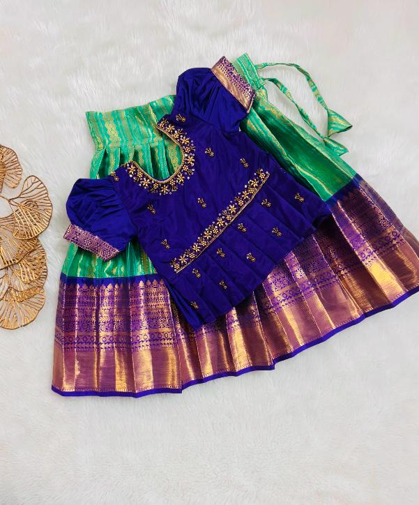Royal Blue & Green Pattu Pavadai with Purple-Gold Zari Bord