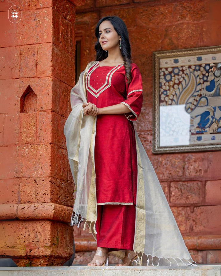 Red Hand Embroidered Cotton Silk Kurta