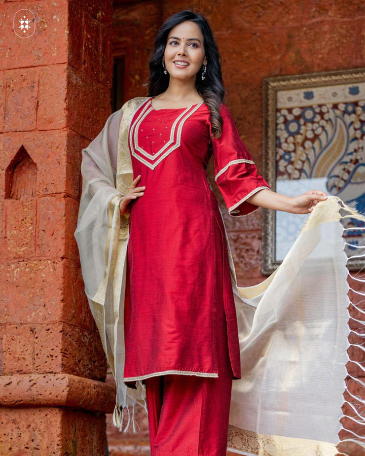 Red Hand Embroidered Cotton Silk Kurta