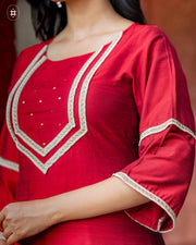 Red Hand Embroidered Cotton Silk Kurta