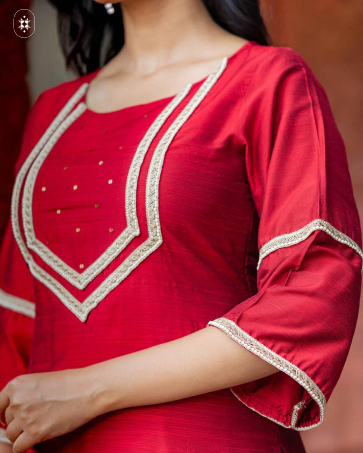 Red Hand Embroidered Cotton Silk Kurta