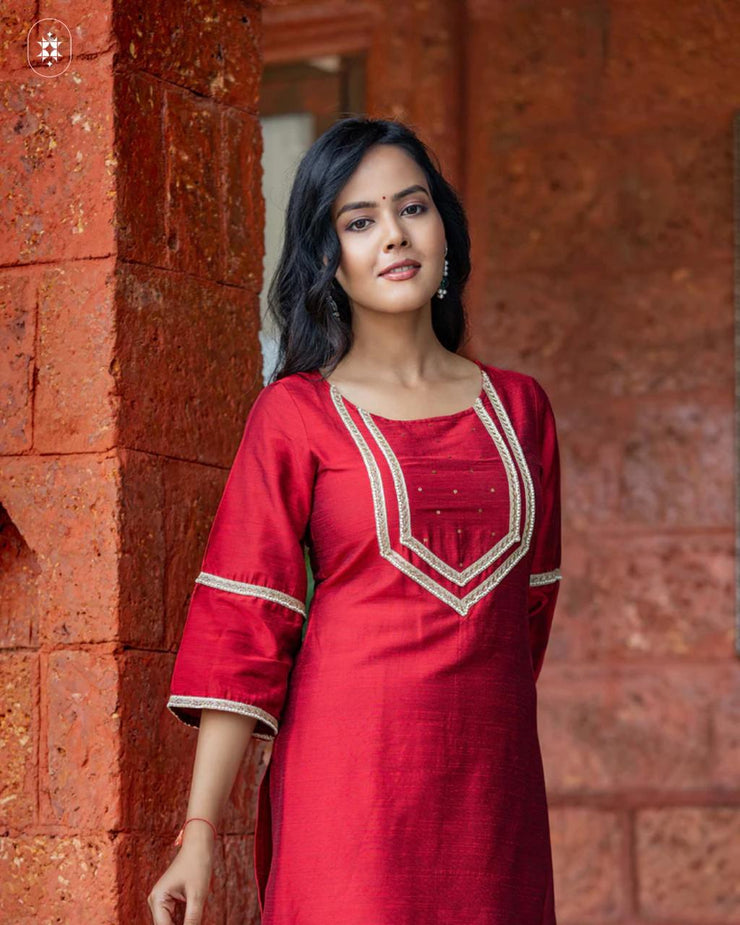 Red Hand Embroidered Cotton Silk Kurta