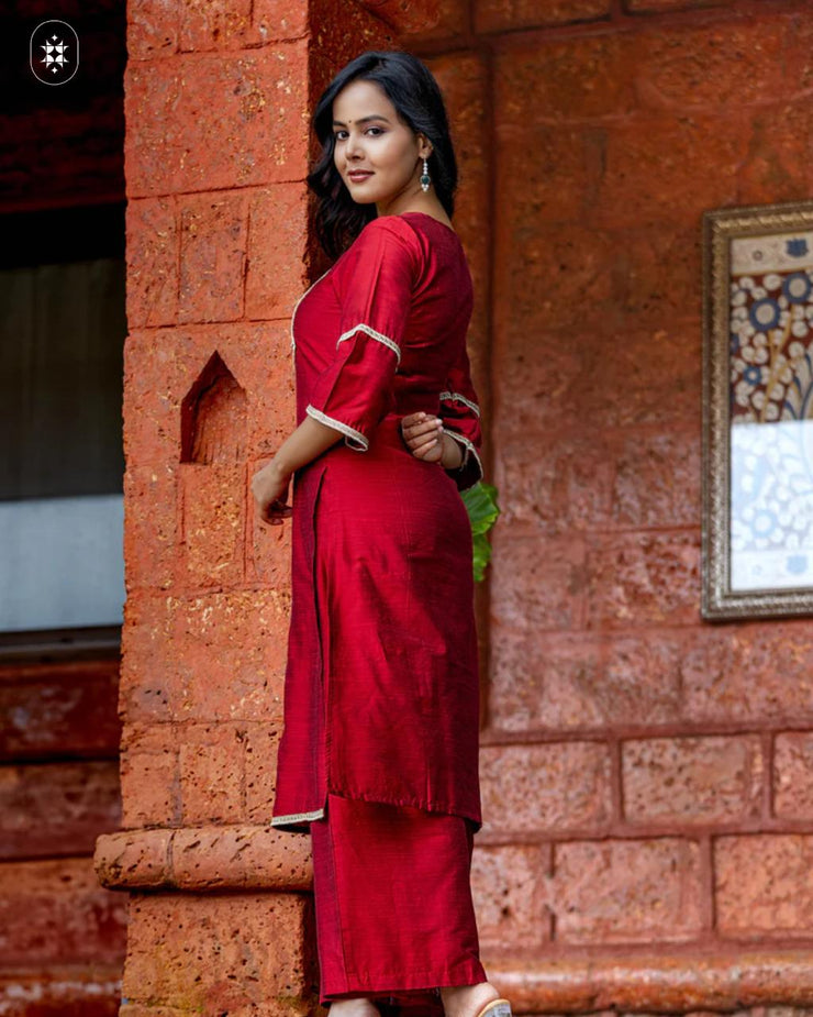 Red Hand Embroidered Cotton Silk Kurta