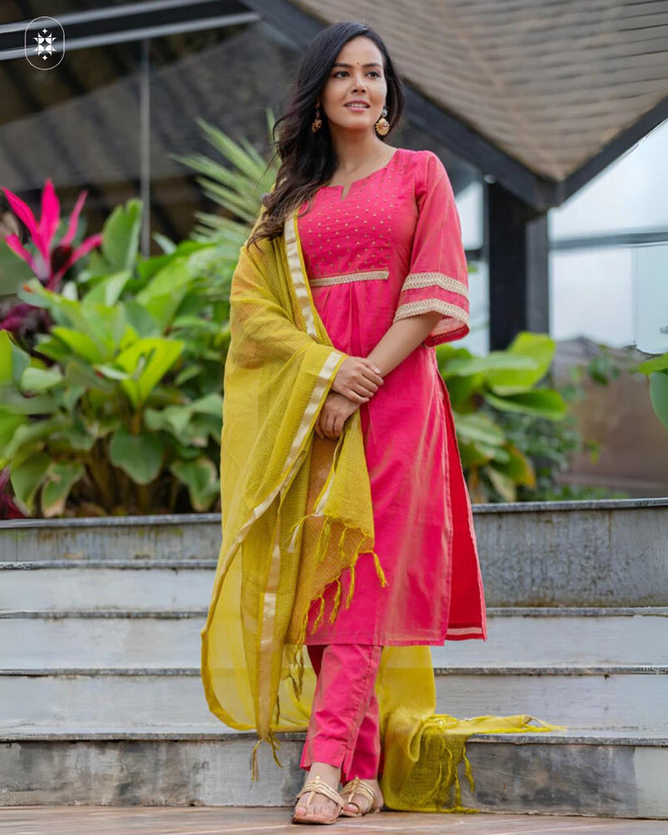 Elegant Pink Kurta Set with Yellow Dupatta (Dupatta Optional)