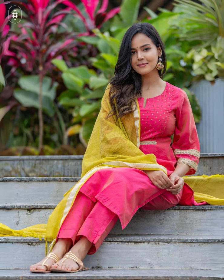 Elegant Pink Kurta Set with Yellow Dupatta (Dupatta Optional)