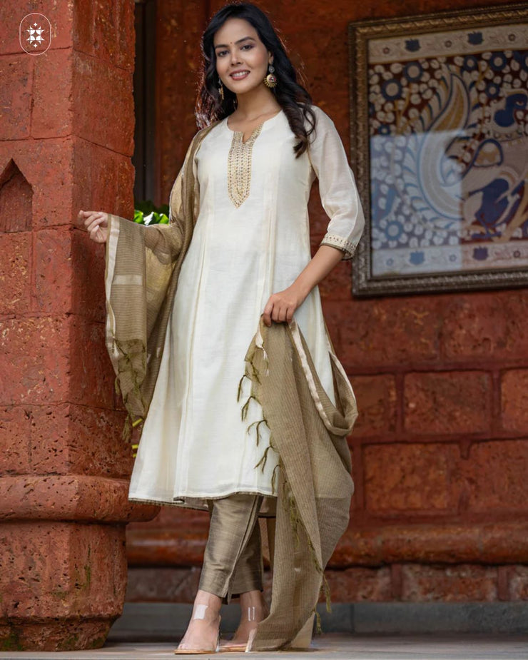 Elegant Beige Cotton Suit Set (Dupatta Optional)
