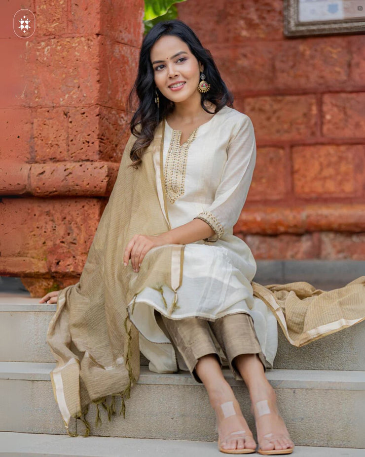 Elegant Beige Cotton Suit Set (Dupatta Optional)