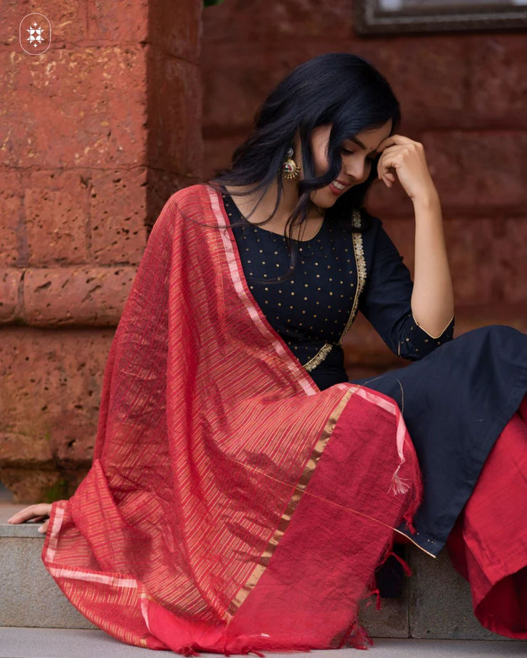 Elegant Black &amp; Red Cotton Suit (Dupatta Optional)