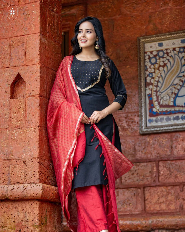 Elegant Black &amp; Red Cotton Suit (Dupatta Optional)