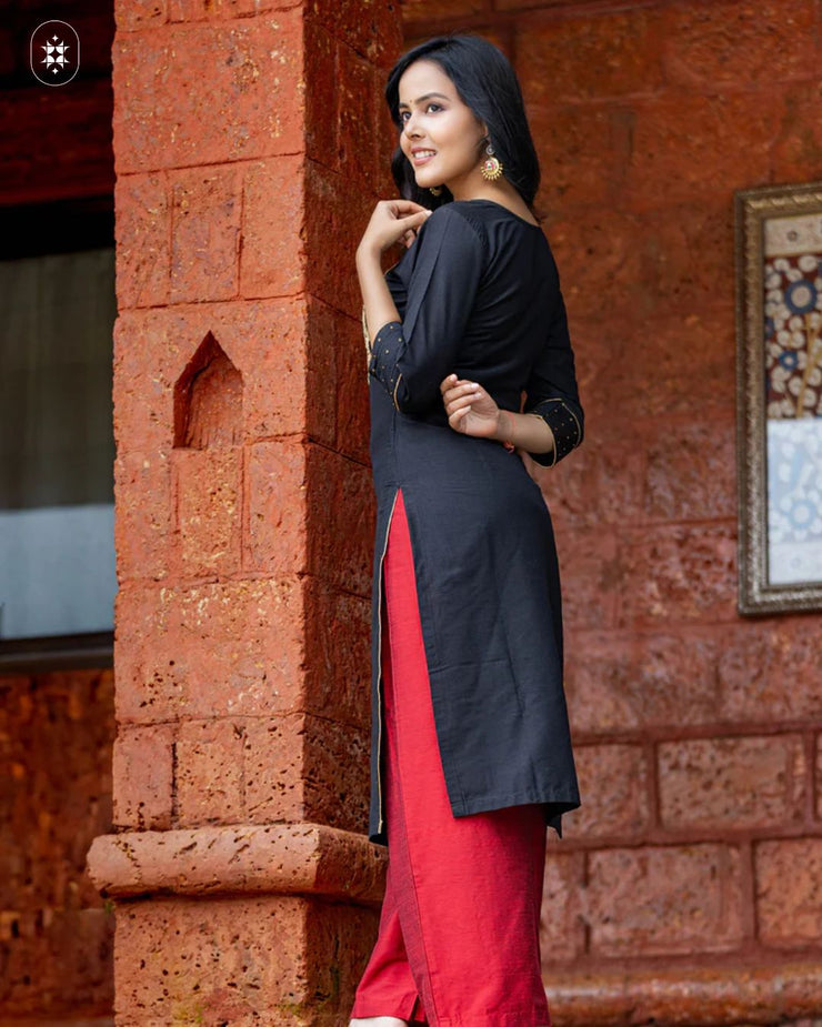 Elegant Black &amp; Red Cotton Suit (Dupatta Optional)