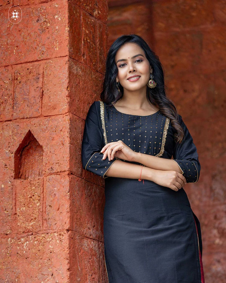 Elegant Black &amp; Red Cotton Suit (Dupatta Optional)